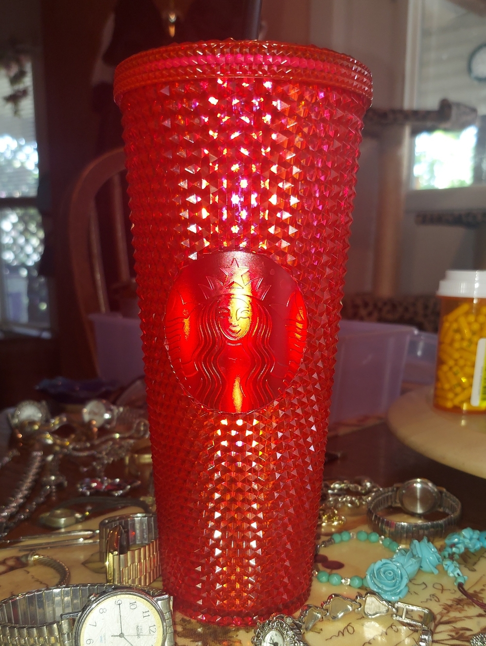 Starbucks Red Ornge Studded Tumbler with Embossed Siren New